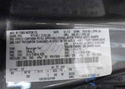 2012 Ford Focus Se z USA, uszkodzony, nr VIN 1FAHP3K26CL338168